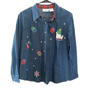 Vintage Club Z Denim Christmas Embroidered Button Long Sleeve Shirt Sleigh
